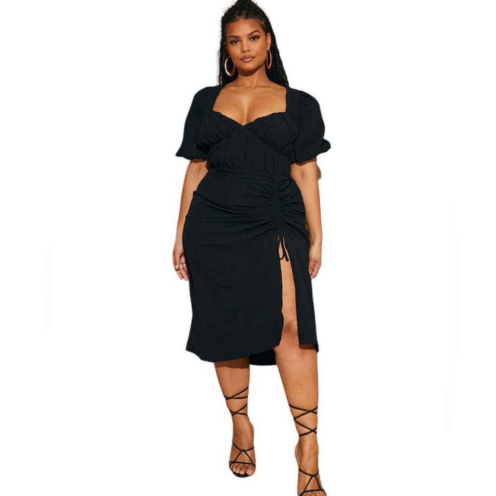 Pretty Little Thing Plus Black Puff Sleeve Ruched Side Split Midi Dress Size 16